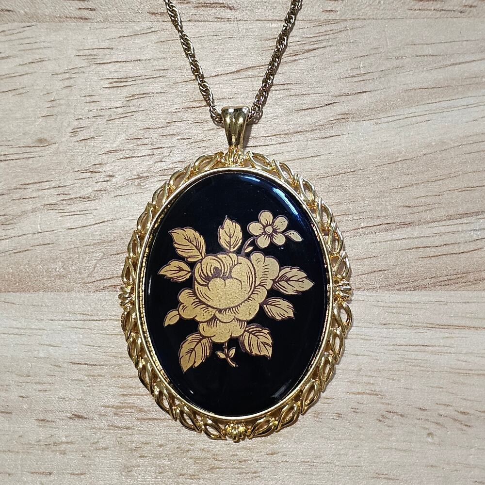 Vintage Limoges Castel France Black Porcelain Floral Pendant Necklace with Gold